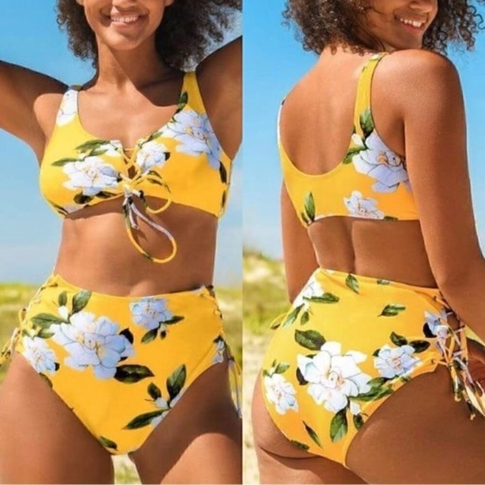 NWT Yellow Floral Printed High Rise Sexy Bikini Set Size Small Bathing Suit